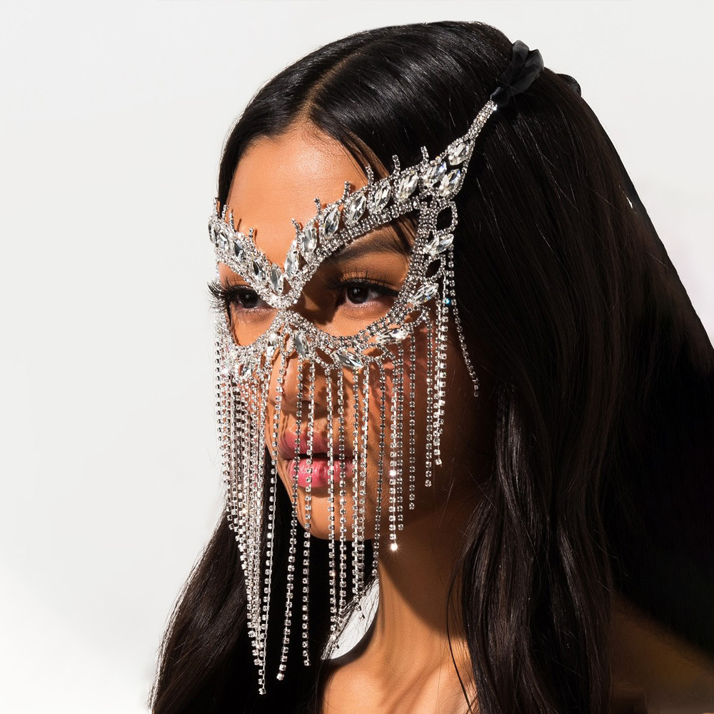 Halloween Crystal Rhinestone Face Mask With Draped Chain Design